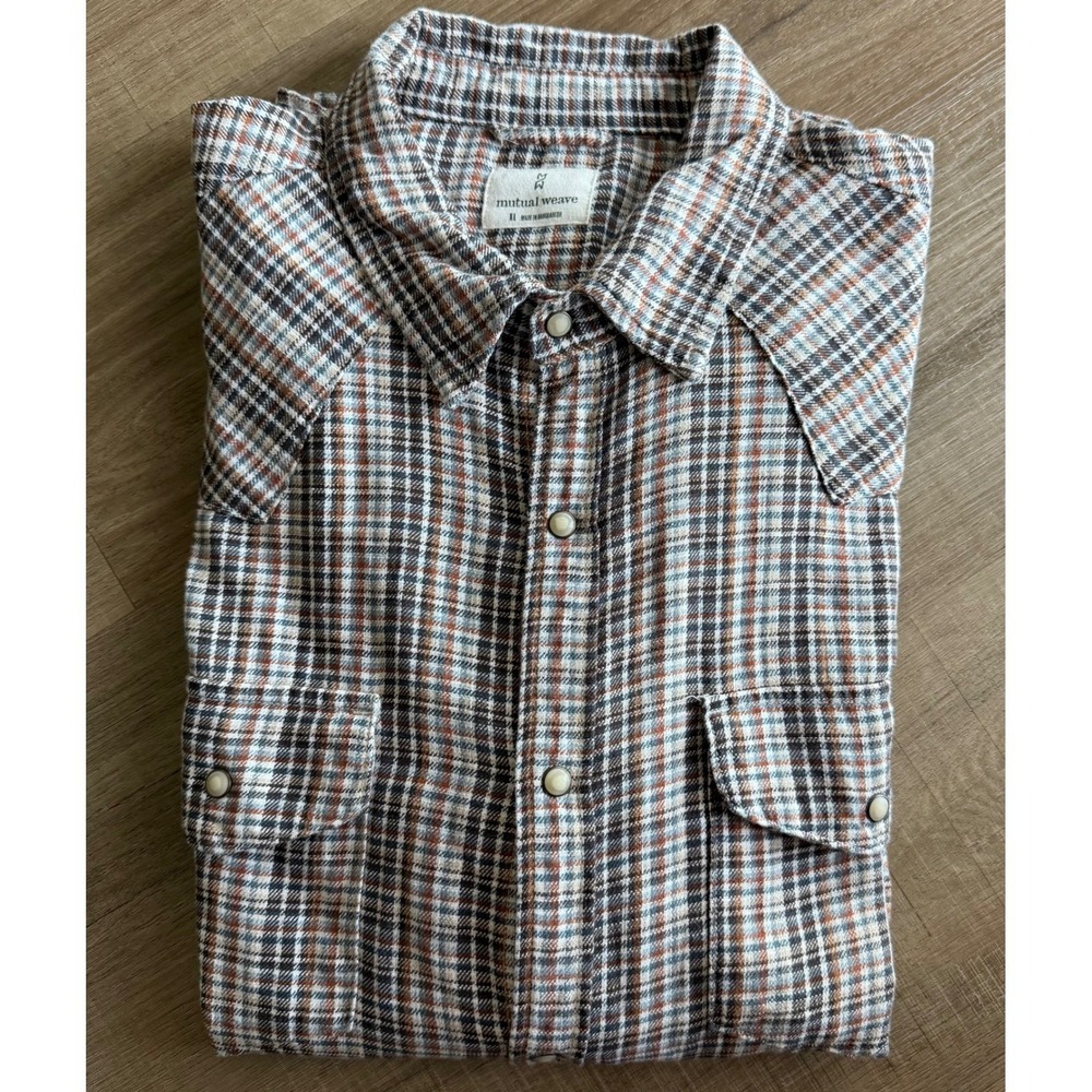 Mutual Weave Mens XL Plaid Western Pearl Snap Flannel Shirt BrownBlue LongSleeve